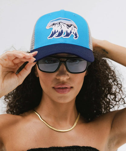 Pnkvnlo California Bear&Mountain Trucker Hats for Men - Embroidered Adjustable Mesh Baseball Men Caps for Wilderness Explore - Blue Bear