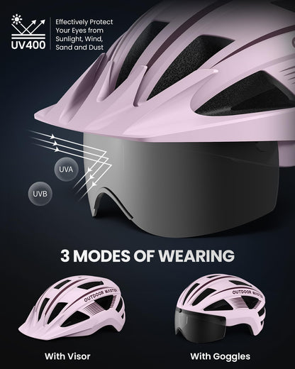 OutdoorMaster Helmets for Adults - Mountain & Road Bike Helmet with Rechargeable Safety Light, Detachable Goggles and Sun Visor - Easy to Adjust, Breathable, Lightweight - Large