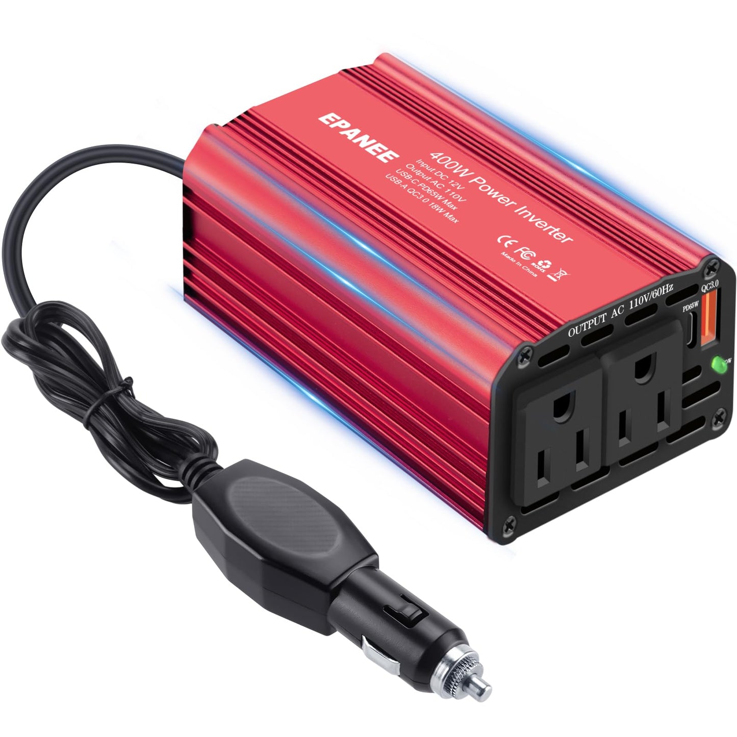 400W Power Inverter 12V DC to 110V AC, Car Charger Plug in Adapter Outlet with PD 65W USB-C&QC 18W Port, Portable Power Converters for Laptop Vehicles Camping Road Trip Essentials Adults