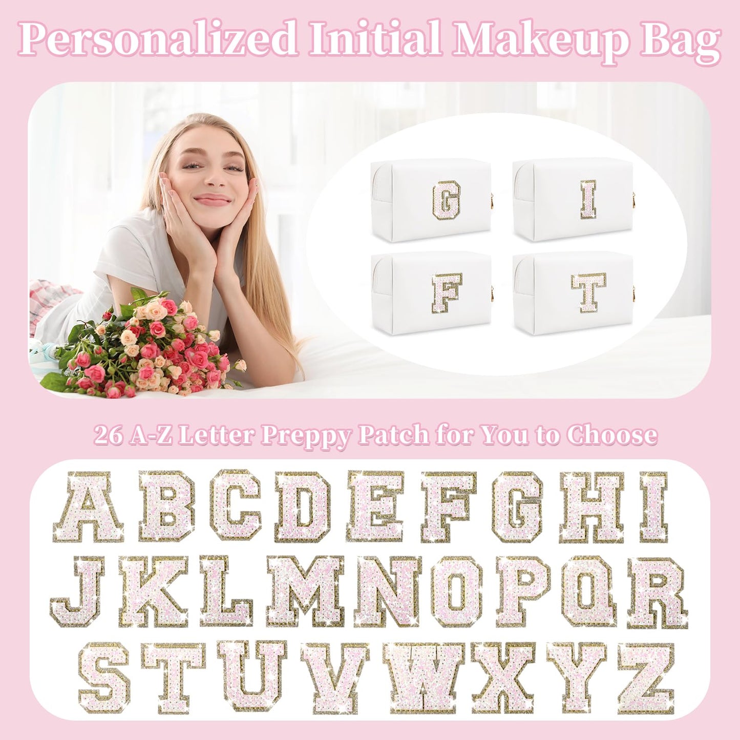 Personalized Initial A-Z Preppy Patch Makeup Bag, Small White PU Leather Cute Glitter Letter Cosmetic Bag with Zipper, Monogram Travel Toiletry Organizer Makeup Case Christmas Gifts for Women Girls,J