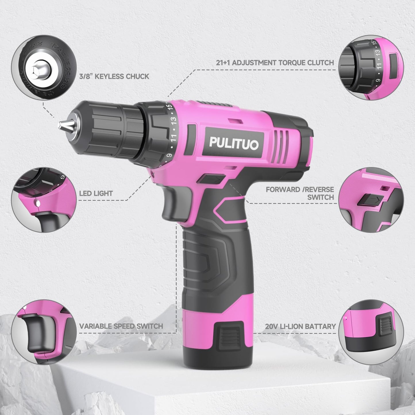 PULITUO 12V Pink Cordless Drill Set Power Drill Kit with Battery and Charger,electric drill home improvement,3/8-Inch Keyless Chuck,Built-in LED,21+1 Torque Setting small drill
