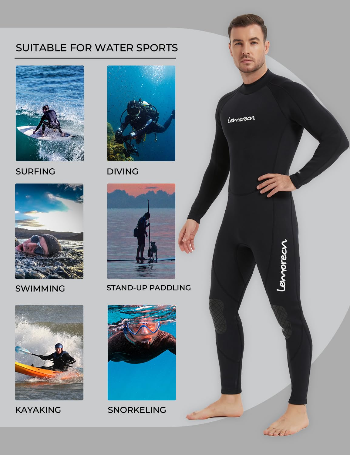 Lemorecn Mens Wetsuits Jumpsuit Neoprene 3/2mm Full Body Diving Suit (3031black-3XL)