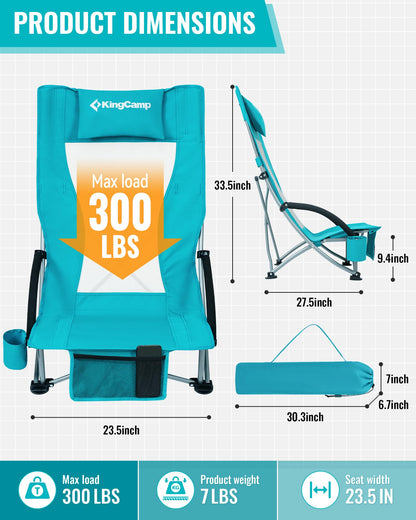 KingCamp Low Beach Chairs 2 Pack, Folding Portable Chair for Adults lightweight Extra Wide Ergonomic High Back Seat 300lbs Heavy Duty Oversized Gear with Carry Bag for Outdoor Lawn Camping Picnic