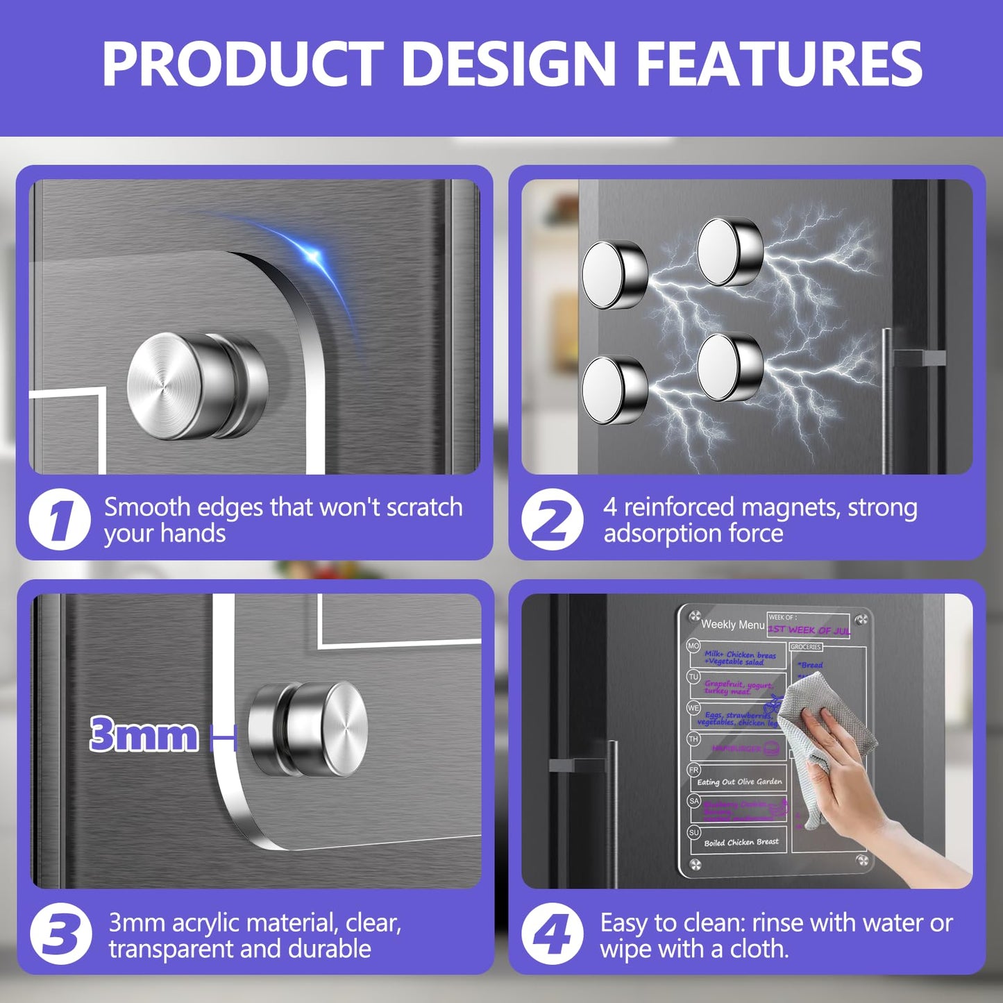 16''x12'' Acrylic Meal Planner Magnetic Menu Board for Kitchen Fridge, Clear Weekly Calendar Planning Board Noteboard Dry Erase Board to Do/Grocery/Shopping List/Chore Chart Includes 6 Markers