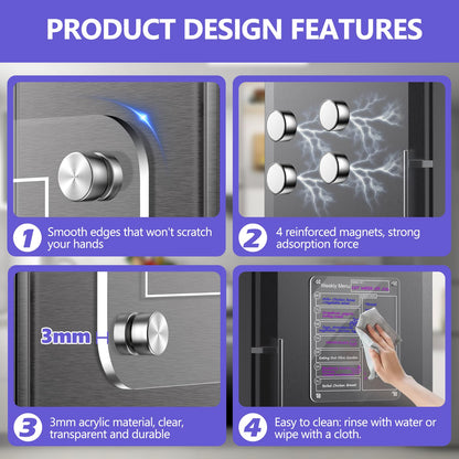 16''x12'' Acrylic Meal Planner Magnetic Menu Board for Kitchen Fridge, Clear Weekly Calendar Planning Board Noteboard Dry Erase Board to Do/Grocery/Shopping List/Chore Chart Includes 6 Markers