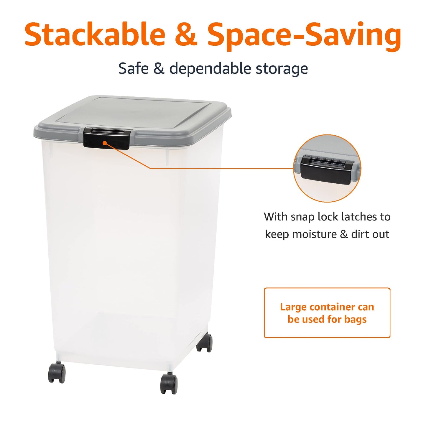 Amazon Basics Airtight Dog Food Storage Container with Scoop and Wheels, 69 QT, Gray