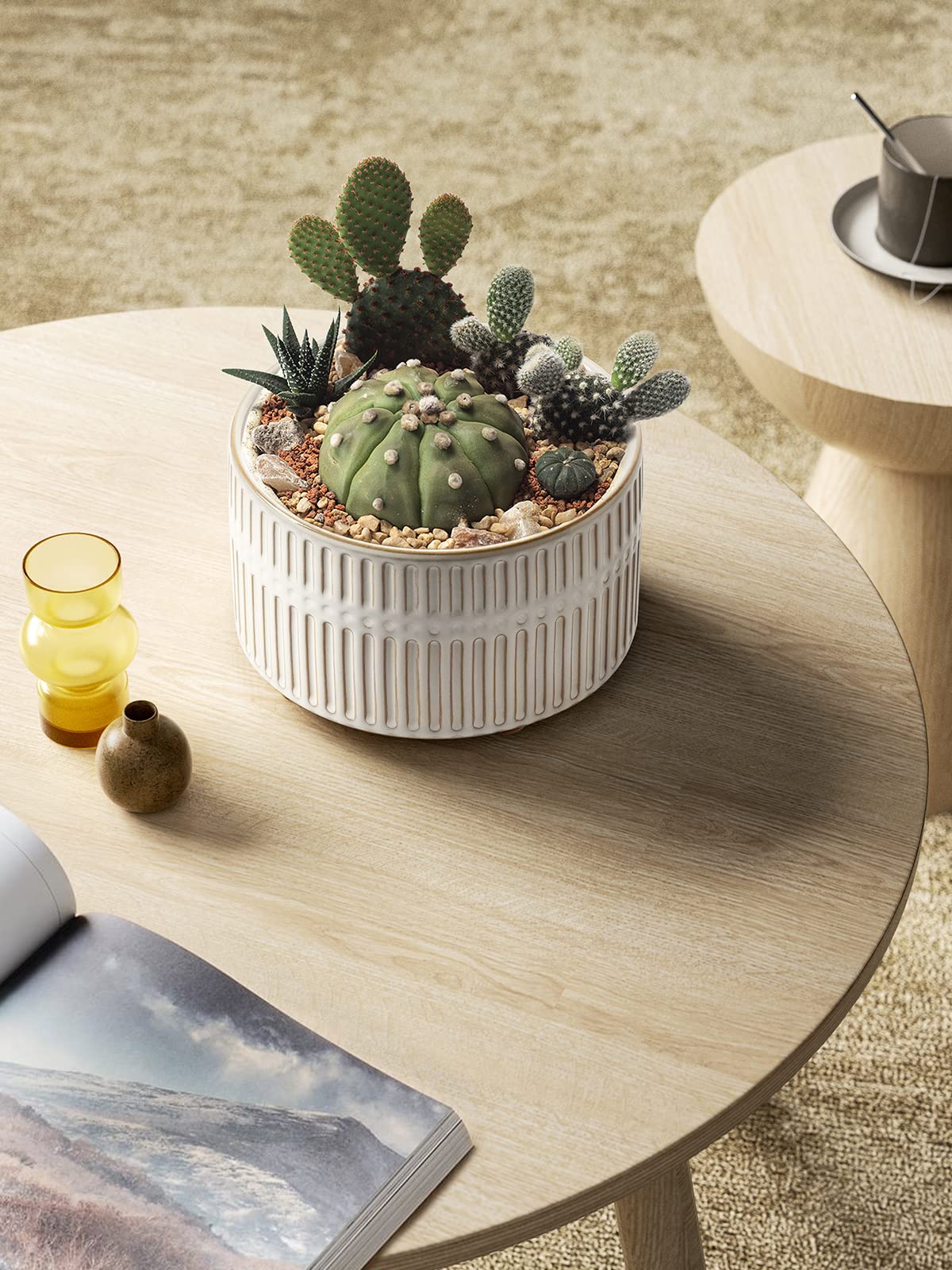 LE TAUCI Succulent Planters, 6.5+8 Inch Ceramic Indoor Plant Pot with Drainage Hole, Shallow Round Succulent Pots, Set of 2, Reactive Glaze White