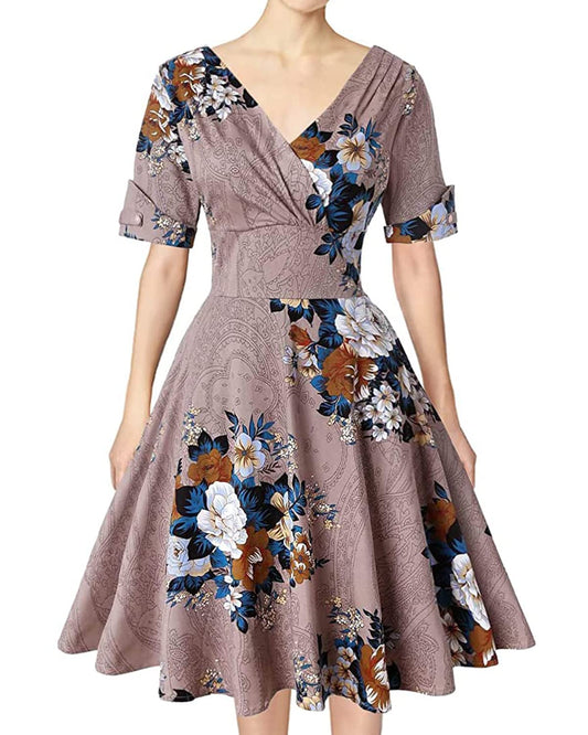 MINTLIMIT Women's V-Neck Floral Half Sleeve Midi Fit Flare Retro Dress Cocktail Dresses (Light Brown,Size XL)