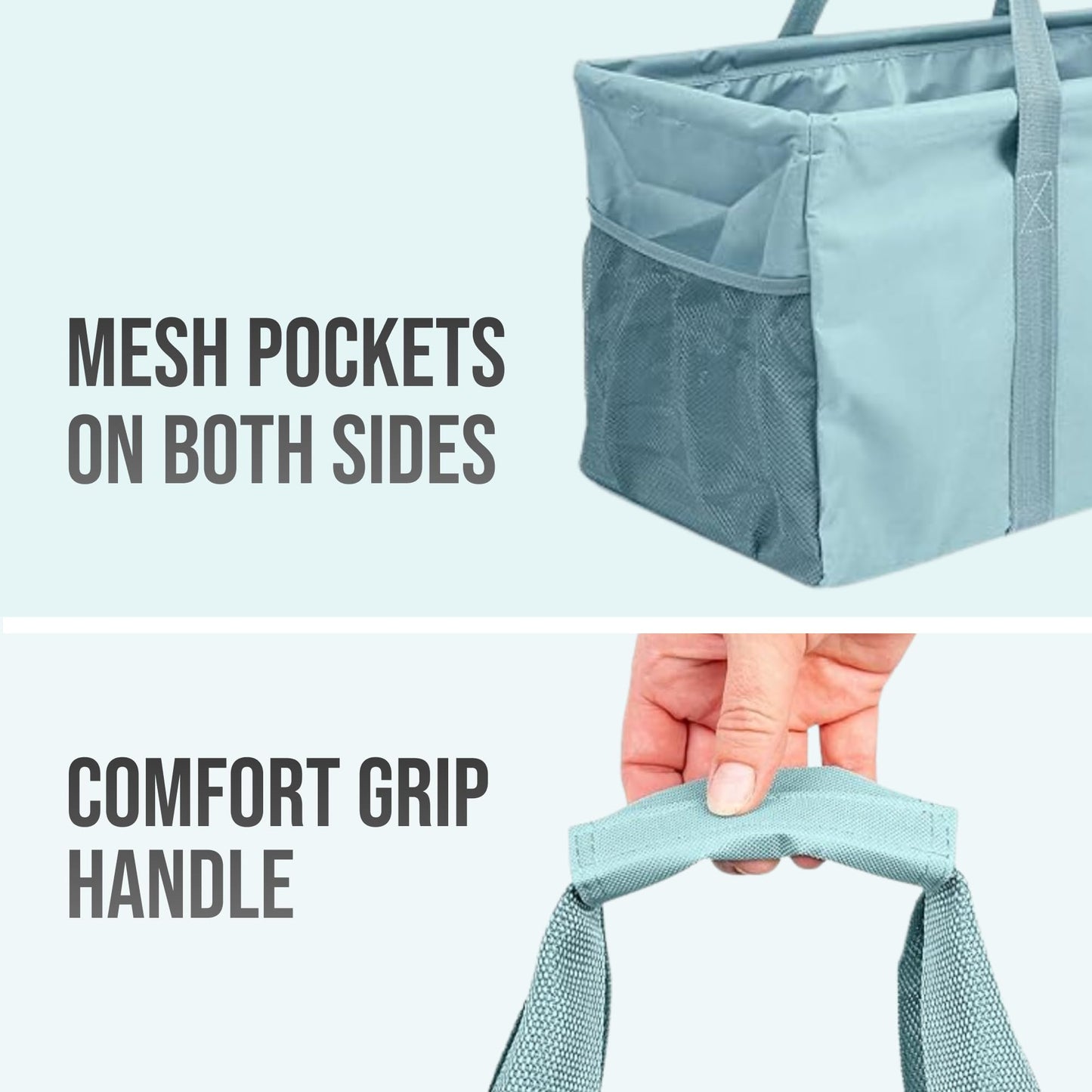 Lucazzi Extra Large Utility Tote Bag - Oversized Collapsible Reusable Wire Frame Rectangular Canvas Basket With Two Exterior Pockets For Beach, Pool, Laundry, Car Trunk, Storage - Light Blue