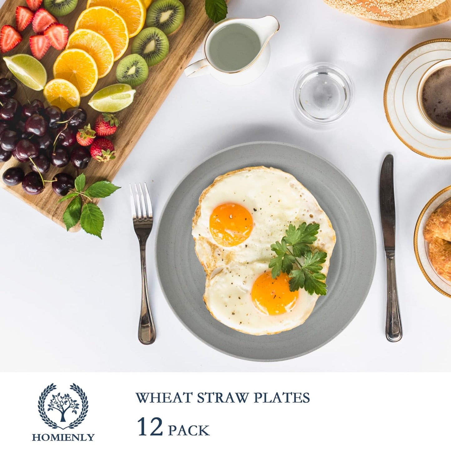 Homienly Deep Dinnerware Set of 12 - Alternative to Plastic, Microwave & Dishwasher Safe Wheat Straw Plates for Kitchen - Unbreakable Kids Plates (Grey, 10 inch)