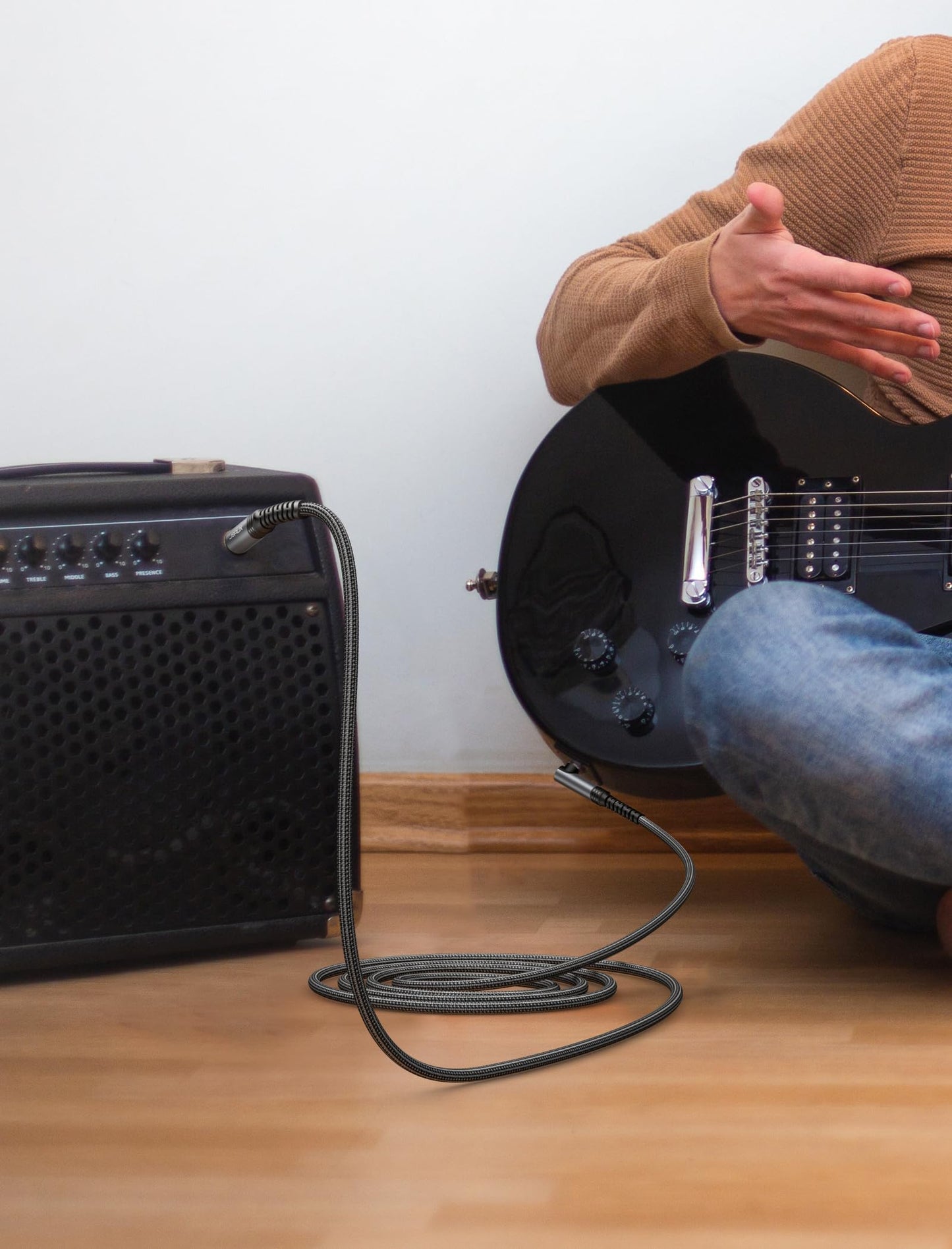 JSAUX Guitar Cable 10 ft, Amp Cord for Electric Guitar/Mandolin/Bass, Pro Audio Instrument Cable with 1/4" Tips(TS Port) Right Angle to Straight-Gray