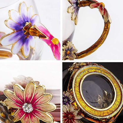 Luka Tech Enamel flower Lead-free Glass Coffee Mugs Tea Cup with Steel Spoon, Best Birthday Gifts For Women Wife Mom Friends Mothers Valentines Day Christmas