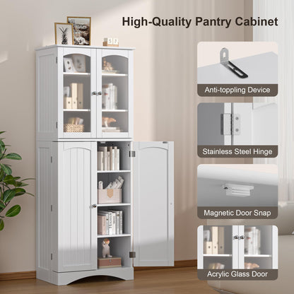 Gizoon 64" Kitchen Pantry Cabinet, Tall Storage Cabinet with Glass Doors and Adjustable Shelves, Freestanding Floor Cabinet Cupboard for Kitchen, Living Room, Dining Room (White)