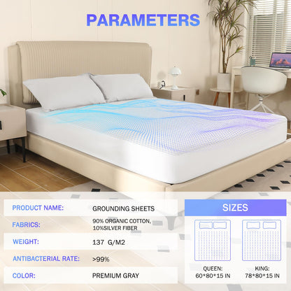 OneAmg Grounding Sheets Queen Size, Grounded Fitted Bed Sheet 10% Pure Silver Fiber + 90% Organic Cotton Bed Grounding Kit with grounding Cord for Improved Sleep & Wellness (White,Queen-80"x60"x15")