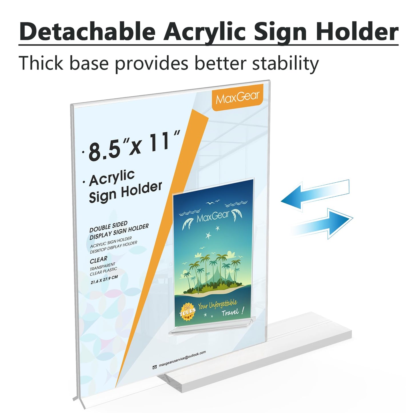 MaxGear Acrylic Sign Holder 8.5x11 Inches 2 Pack, Double Sided Clear Display Stand Table Top Paper Holder, Vertical Menu Flyer Stand, Plastic Frame for Stores, Restaurants, Hotels, Office