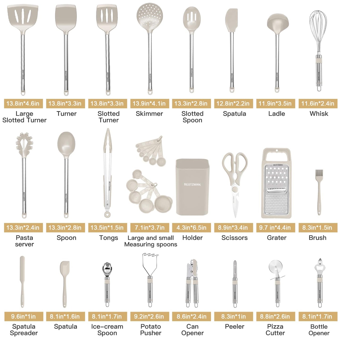 Kitchen Utensil Set-Silicone Cooking Utensils-33 Kitchen Gadgets & Spoons for Nonstick Cookware-Silicone and Stainless Steel Spatula Set-Best Kitchen Tools, Useful Pots (Khaki)