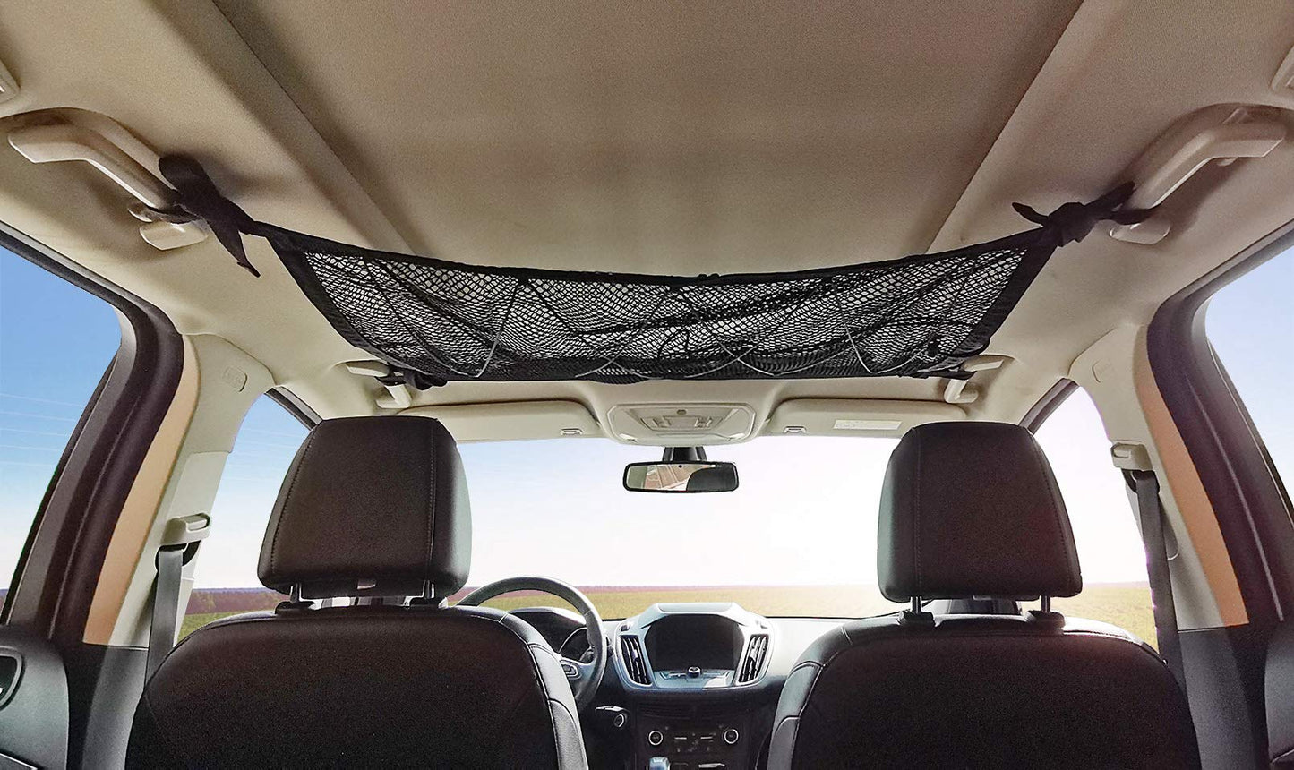 Kaskawise Car Ceiling Cargo Net Pocket,31"x21" Adjustable Double-Layer Mesh SUV Roof Organizer Long Trip Ceiling Storage Net,Car Camping Cargo Net for SUV,Van Life Accessories