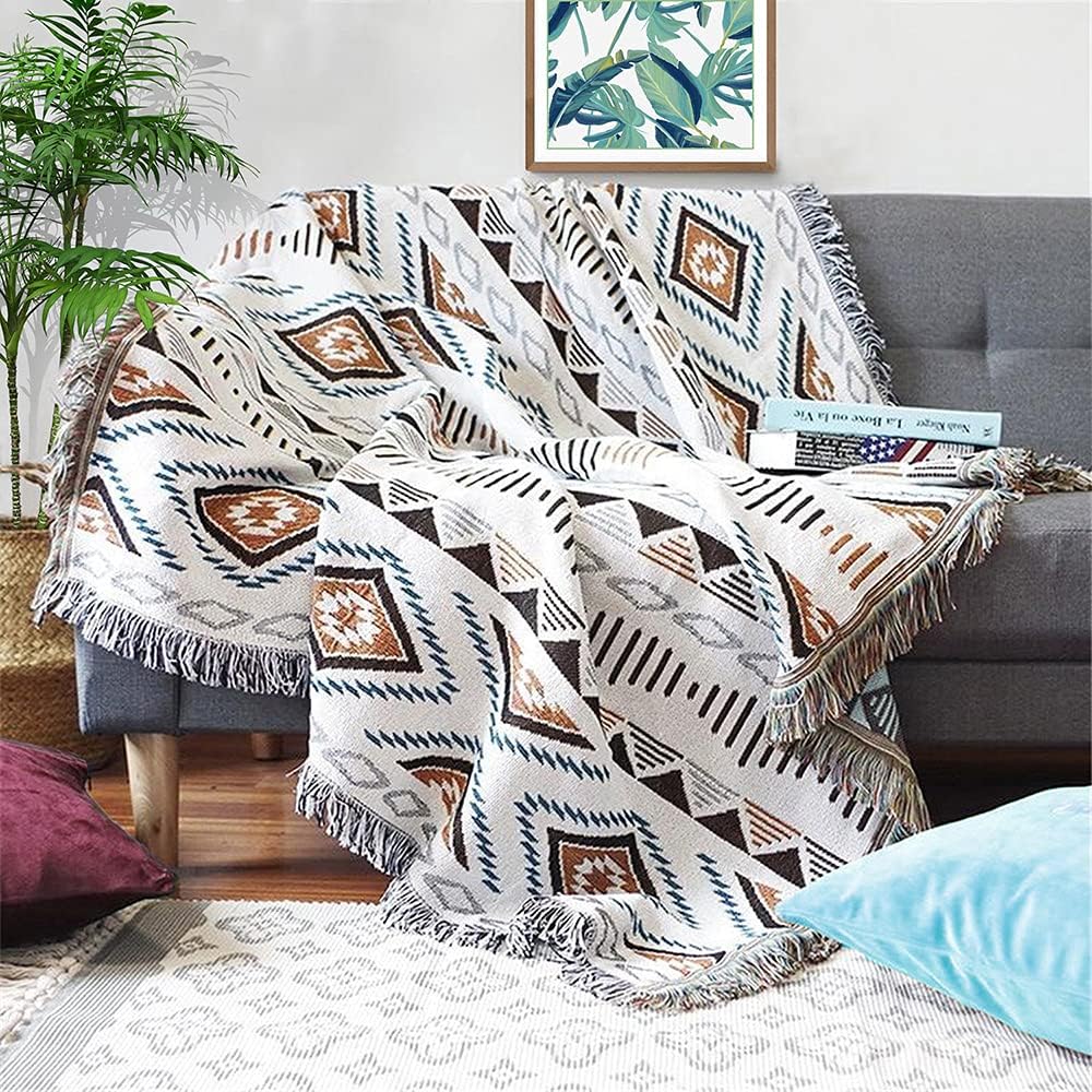 Lqprom Boho Throw Blankets Knit Bed Blankets with Tassel Aztec Western Throws Cover Farmhouse Decor for All Season Sofa Couch Chair Outdoor Camping Picnic Tent Beach Car Traveling 51"x63"