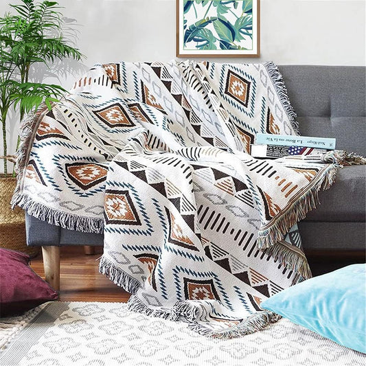 Lqprom Boho Throw Blankets Knit Bed Blankets with Tassel Aztec Western Throws Cover Farmhouse Decor for All Season Sofa Couch Chair Outdoor Camping Picnic Tent Beach Car Traveling 51"x63"