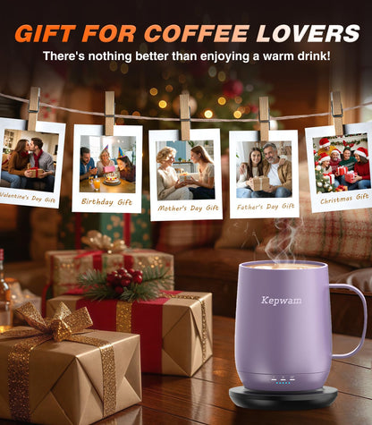 Kepwam Self Heating Coffee Mug T2, 16oz Smart Heated Coffee Mug, 150 Min Battery Life - Hot up to 149℉ Temperature Control Coffee Mug Warmer, Gifts for Dad Mom (No APP)