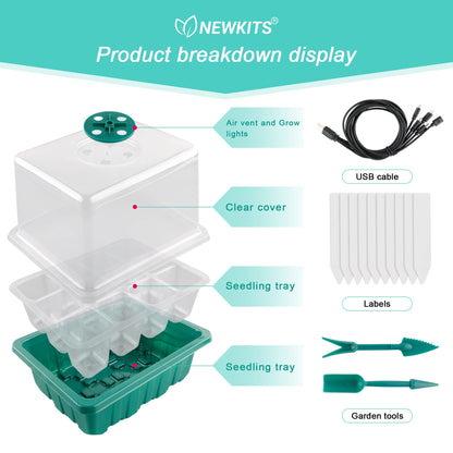 NEWKITS Seed Starter Tray with Grow Light, Seed Starter Kit, Plant Germination Starting Trays with Humidity Dome and Base for Greenhouse Grow Wheatgrass Hydroponic(12 Cells per Tray)(with Grow Lights)