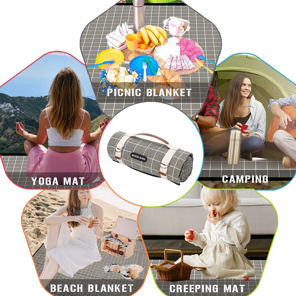 Picnic Outdoor Blankets Waterproof Extra Large - Beach Mat Sand Free Foldable with Carry Strap | Portable Camping Blanket | Park Blanket for Grass Park, Hiking, Travel, Concerts, Indoor (Grey Check)