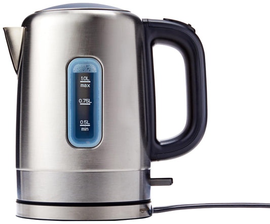 Amazon Basics Electric Stainless Steel Kettle for Tea and Coffee, BPA-Free, Fast Boiling, Auto Shut-Off, 1.1 Quarts, 1500W, Black and Silver