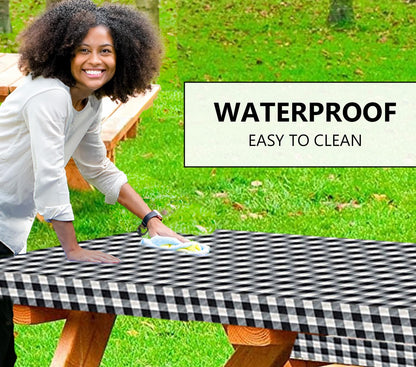 LINPRO 8ft Picnic Table Cover with Bench Covers Vinyl Fitted Picnic Table Covers with Elastic Camping Essentials and Picnic Tablecloth and RV Accessories with Bag