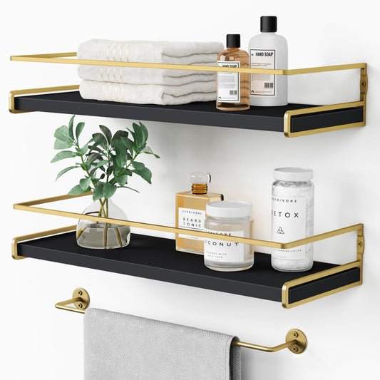 Forbena Black and Gold Floating Shelves for Wall, Bathroom Wall Shelves Over Toilet, Wood Hanging Shelves Wall Mounted for Kitchen Coffee Bar (Black and Gold)