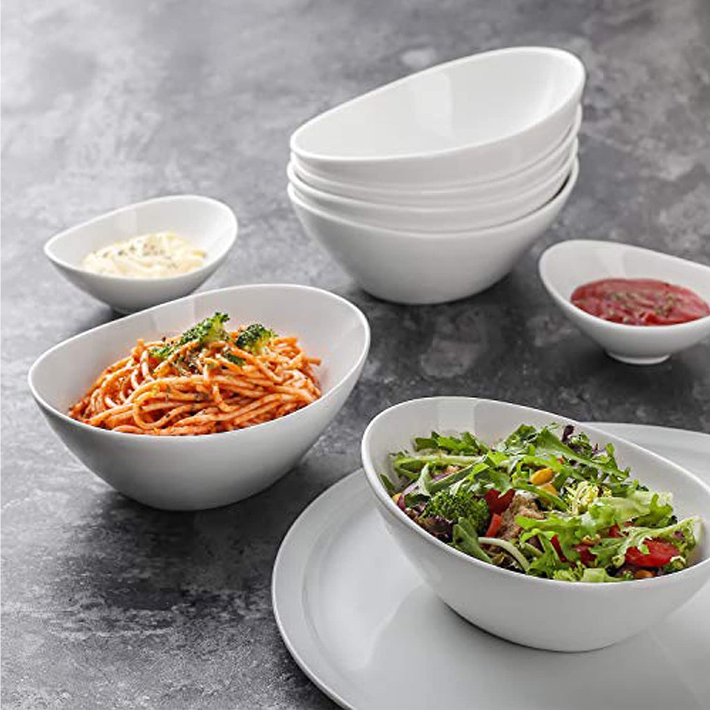 LIFVER Dessert Bowls, 16 Ounce Serving Bowls for Side Salad, Soup, Cereal, Ice Cream, 7 inch Porcelain White Bowls Set, Dishwasher & Microwave Safe Kitchen Bowls, Set of 6