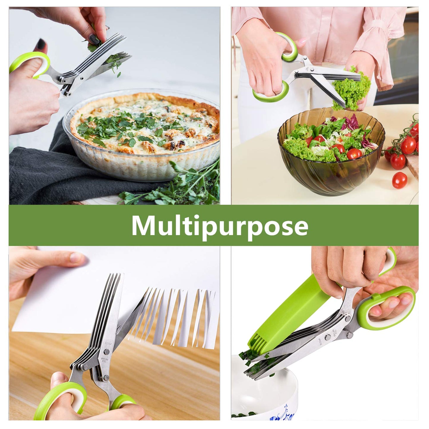 Herb Scissors, X-Chef Multipurpose 5 Blade Kitchen Herb Shears Herb Cutter with Safety Cover and Cleaning Comb for Chopping Basil Chive Parsley (Green)