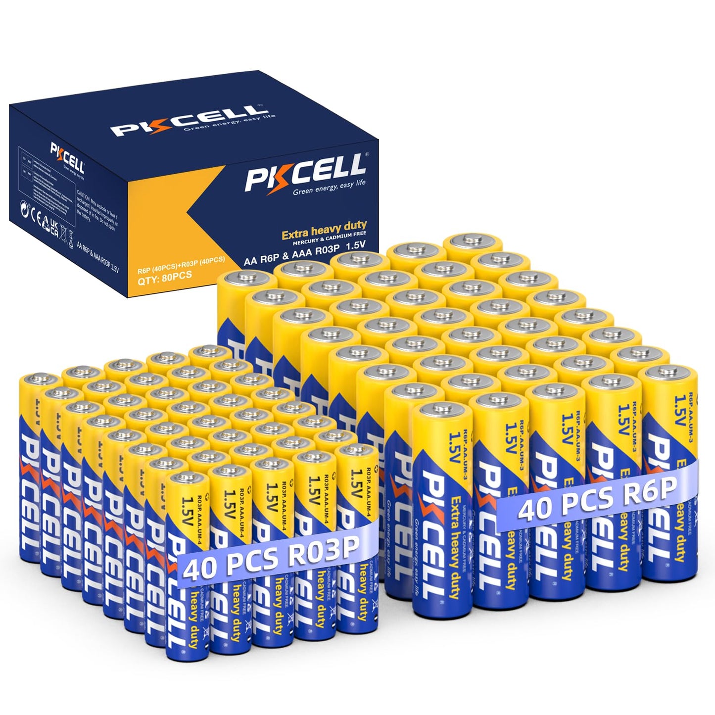 PKCELL AA Batteries & AAA Batteries, 40 Double A Batteries and 40 Triple A Batteries Combo Pack (80 Count), 1.5V High-Performance Carbon Battery
