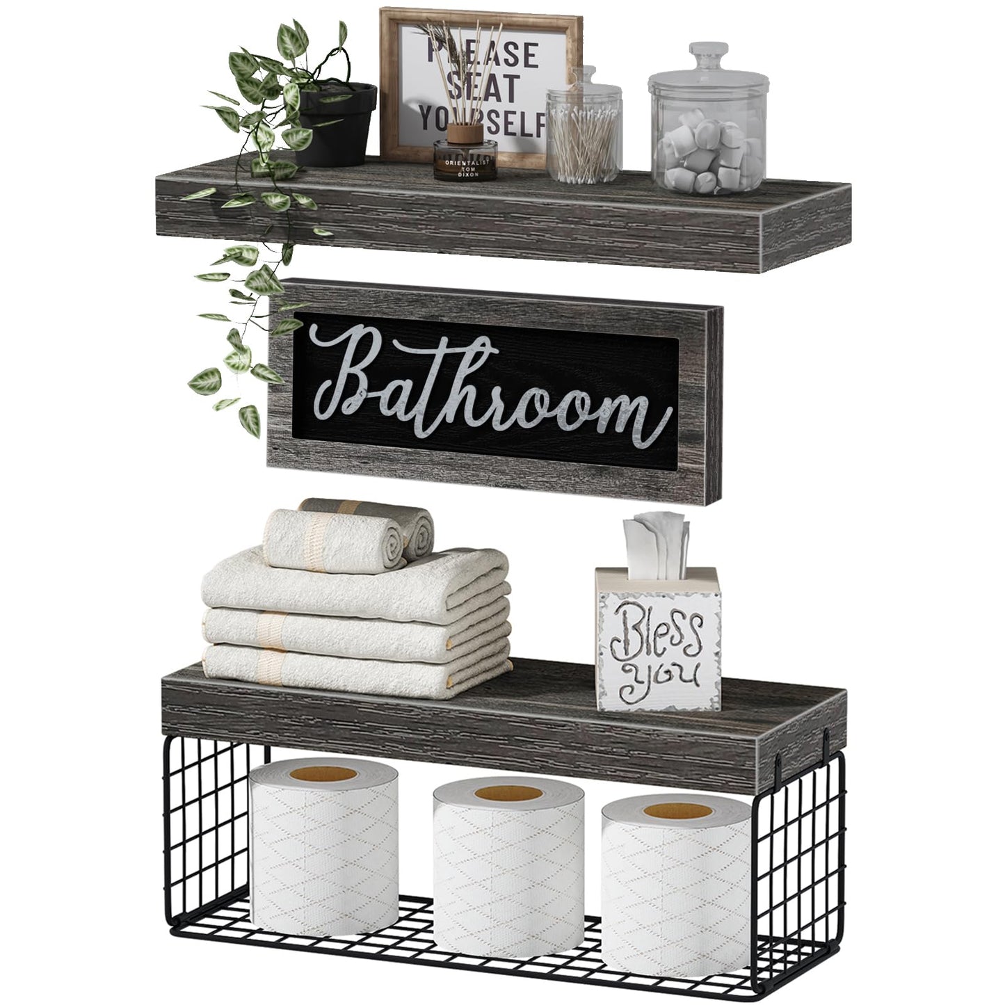 QEEIG ‎Bathroom Shelves Over Toilet - Paper Storage Wall Mounted Farmhouse Decor Decorations Aesthetic Décor Sign Small Floating Shelf 2+1 Set 16 inch, Grey (020GY)