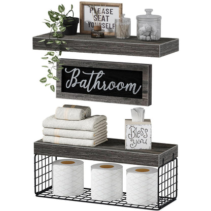 QEEIG ‎Bathroom Shelves Over Toilet - Paper Storage Wall Mounted Farmhouse Decor Decorations Aesthetic Décor Sign Small Floating Shelf 2+1 Set 16 inch, Grey (020GY)