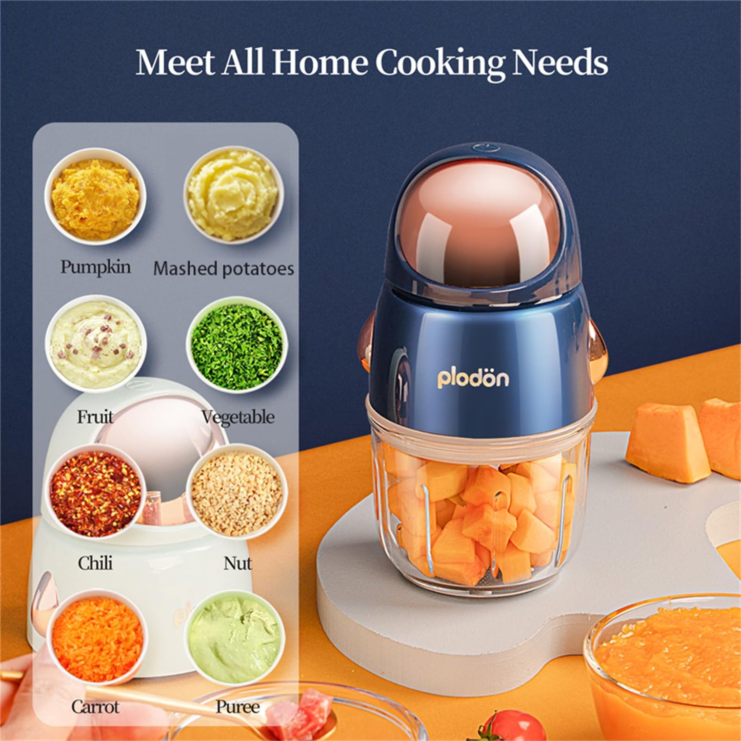 Plodon Baby Food Maker Mini Cute and Small Food Processor Puree Blender Grinder Chopper 300ml Cup Glass Bowl with 8 Blade Electric (Spaceman-Blue)