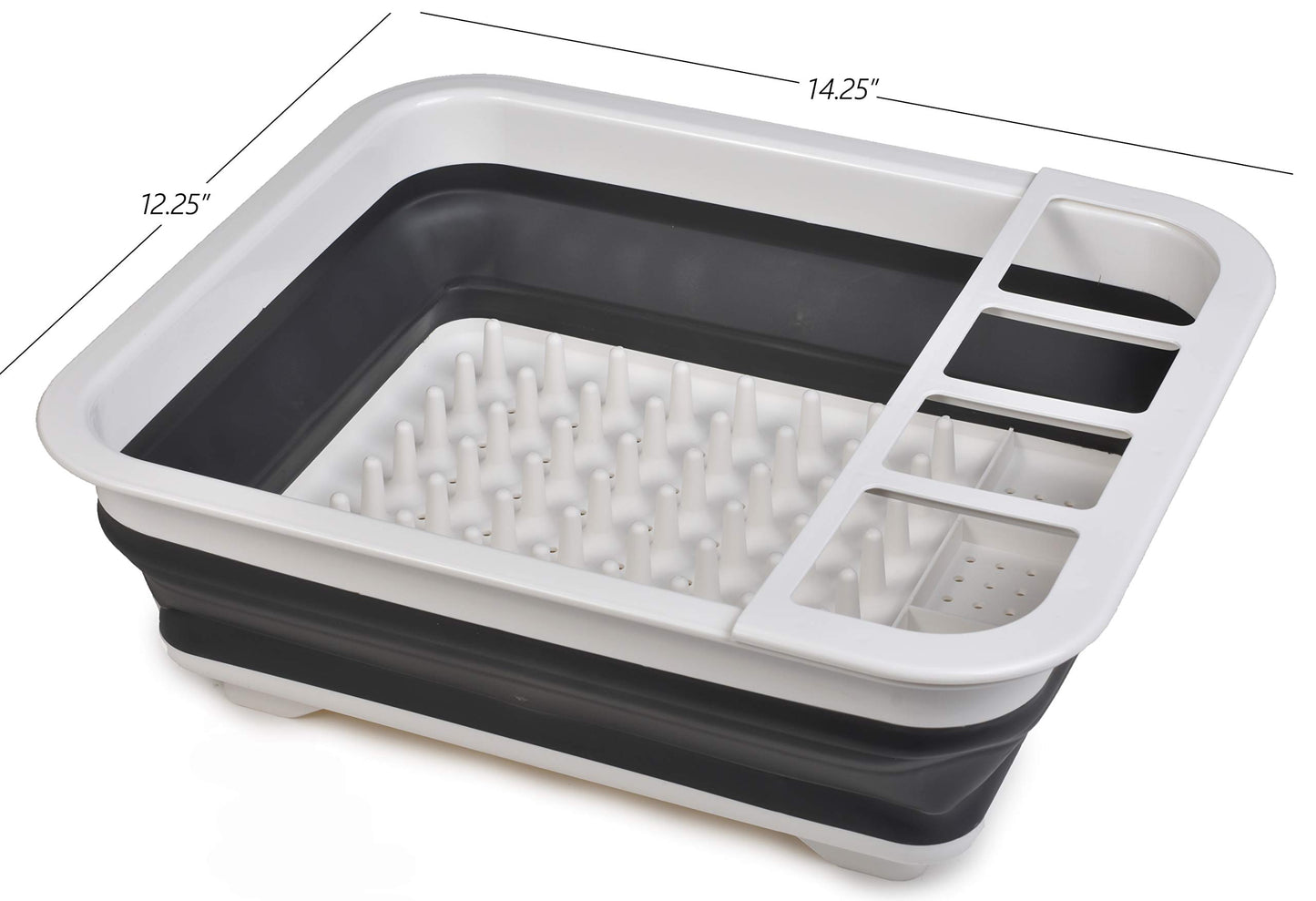 Masirs Pop-Up Collapsible Dish Drying Rack: Convenient Storage, Drains into Sink, Eight Large Plate Capacity, Sectional Cutlery and Utensil Compartment. Compact and Portable Design.