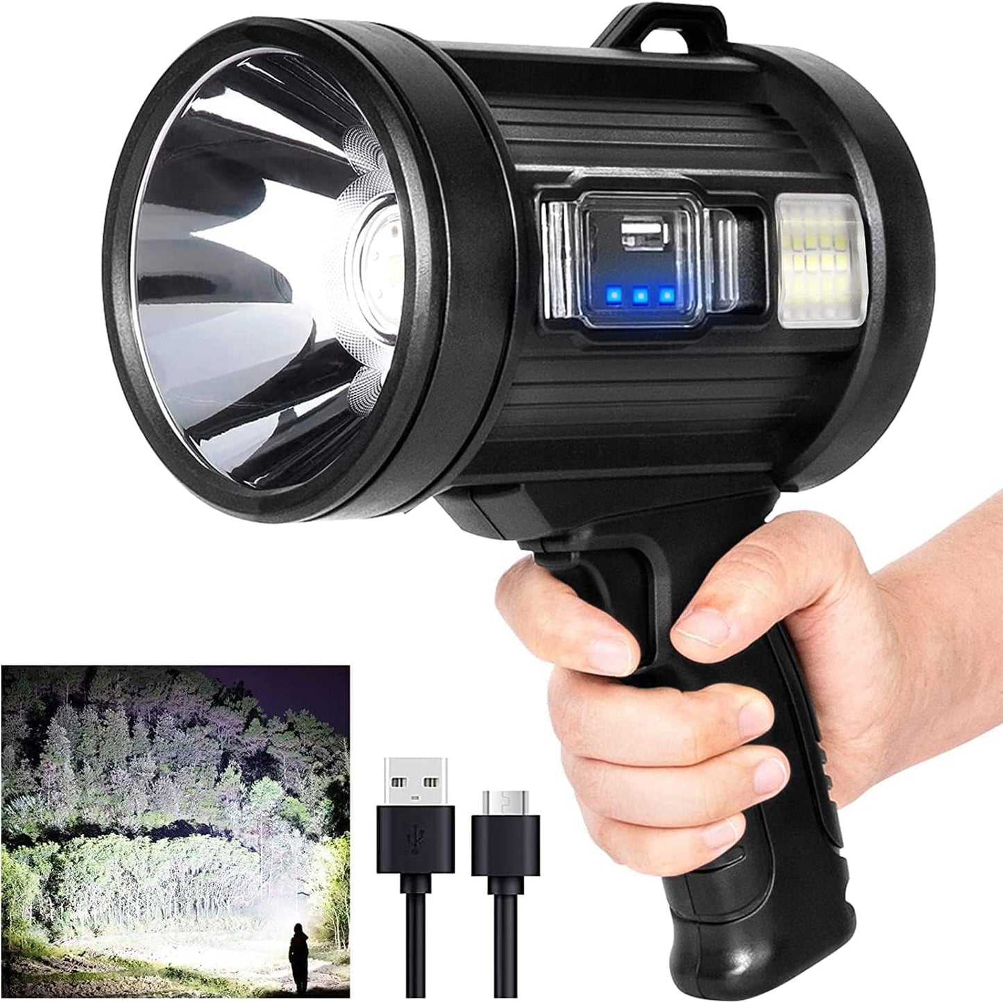 MIXILIN Rechargeable Spotlight, 90,000 Lumens Handheld Hunting Flashlight Led Spot Light with Cob Light and Solar Panels, Lightweight and Super Bright Spotlight for Hunting Boating Camping