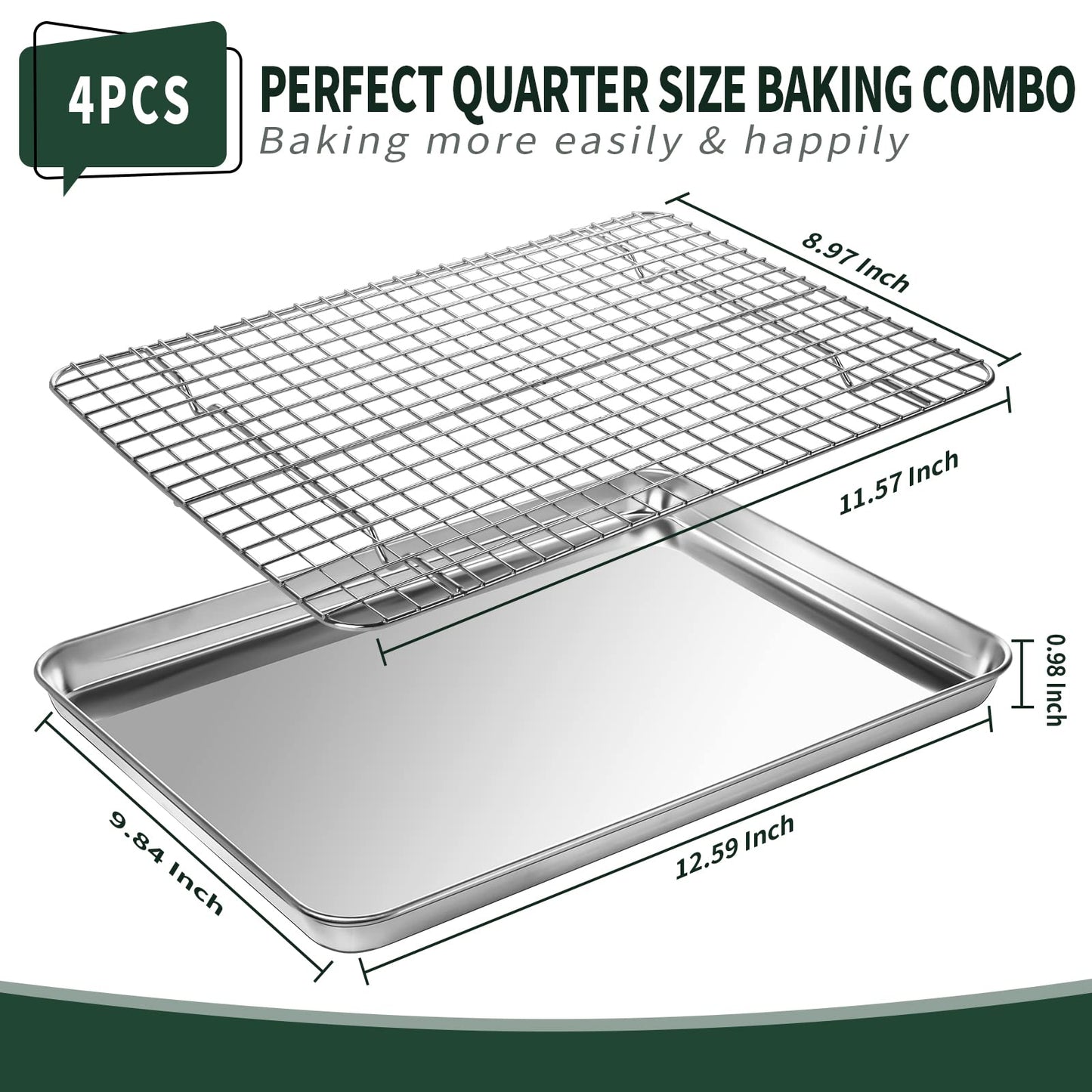 Quarter Sheet Pan with Cooling Rack Set [2 Baking Sheets + 2 Baking Racks], CEKEE Stainless Steel Cookie Sheets for Baking and Wire Rack - Rust & Warp Resistant & Nonstick, Size 12 x 9.8 x 1 Inch