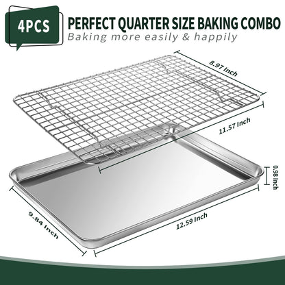 Quarter Sheet Pan with Cooling Rack Set [2 Baking Sheets + 2 Baking Racks], CEKEE Stainless Steel Cookie Sheets for Baking and Wire Rack - Rust & Warp Resistant & Nonstick, Size 12 x 9.8 x 1 Inch