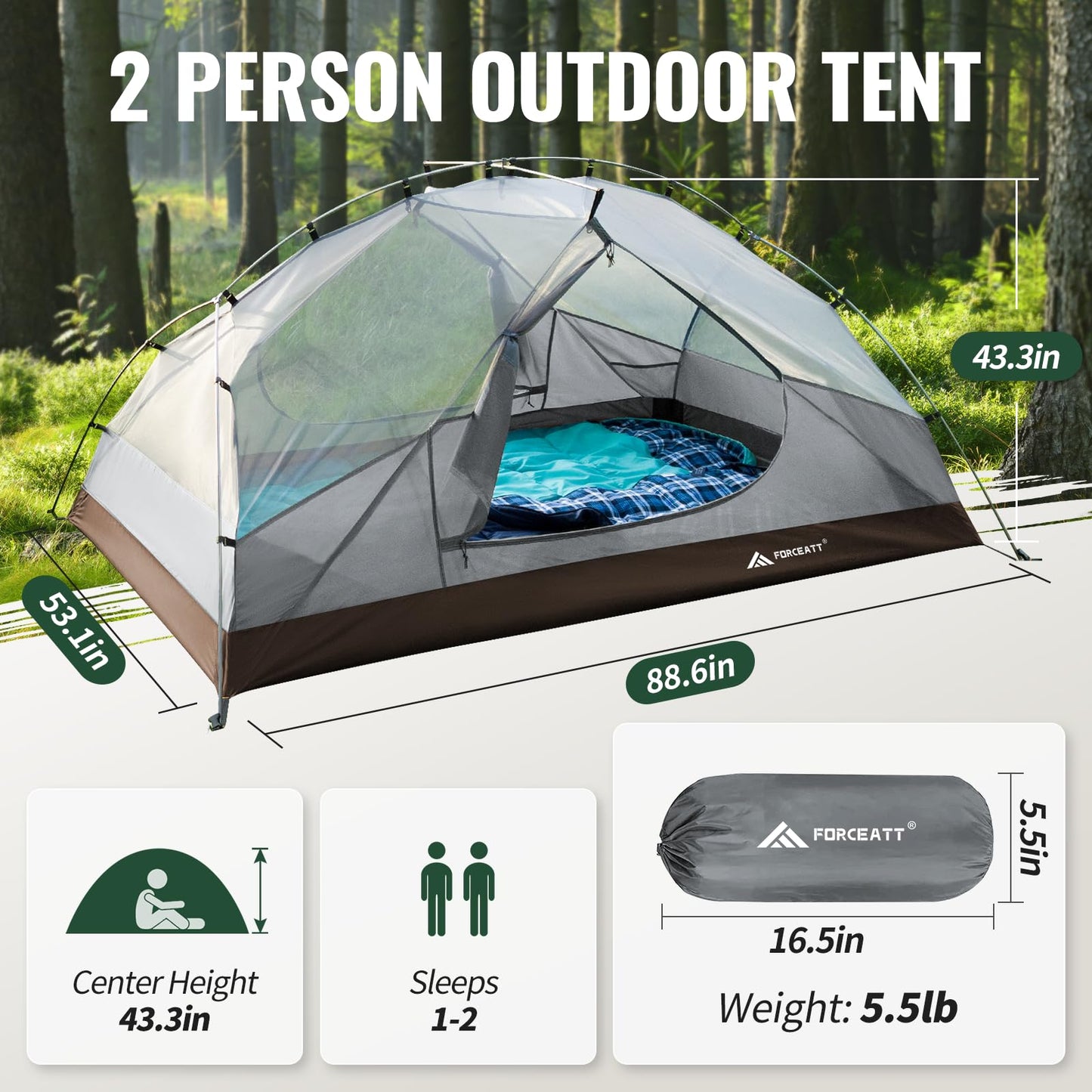 Forceatt Tent for 2 Person is Waterproof and Windproof, Camping Tent for 3 to 4 Seasons,Lightweight Aluminum Pole Backpacking Tent Can be Set Up Quickly,Great for Hiking…