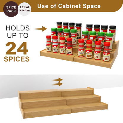 Lenwi Spice Rack Organizer for Cabinet, 3 Tier Expandable Bamboo Spice Storage, Great for Kitchen Cabinet, Cupboard,Pantry and More