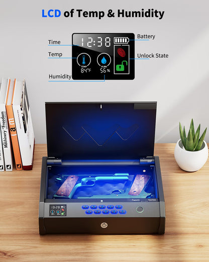 movgul Gun Safes, Biometric Pistol Safe with LCD Display of Temperature Humidity USB Port, Gun Safes 3 Ways Quick Access Fingerprint Handgun Safe for Nightstand Car