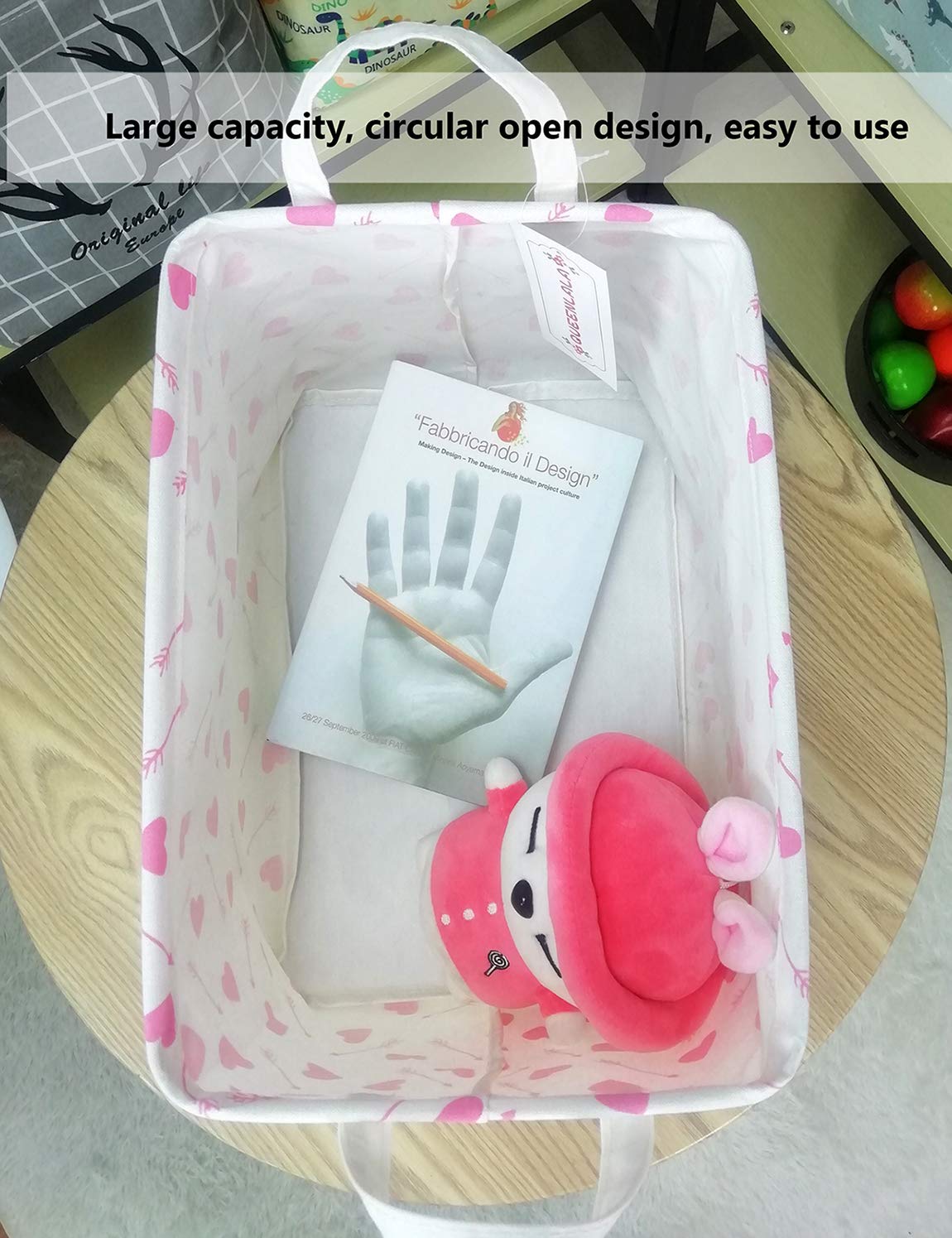 QUEENLALA Rectangular Laundry Hamper/Foldable Nursery Laundry Basket for Organizing/Storage Bin Baskets/Children Toy Office Bedroom/Toy Bin Closet Shelf Baskets（Rec-Pink-Heart Arrow）