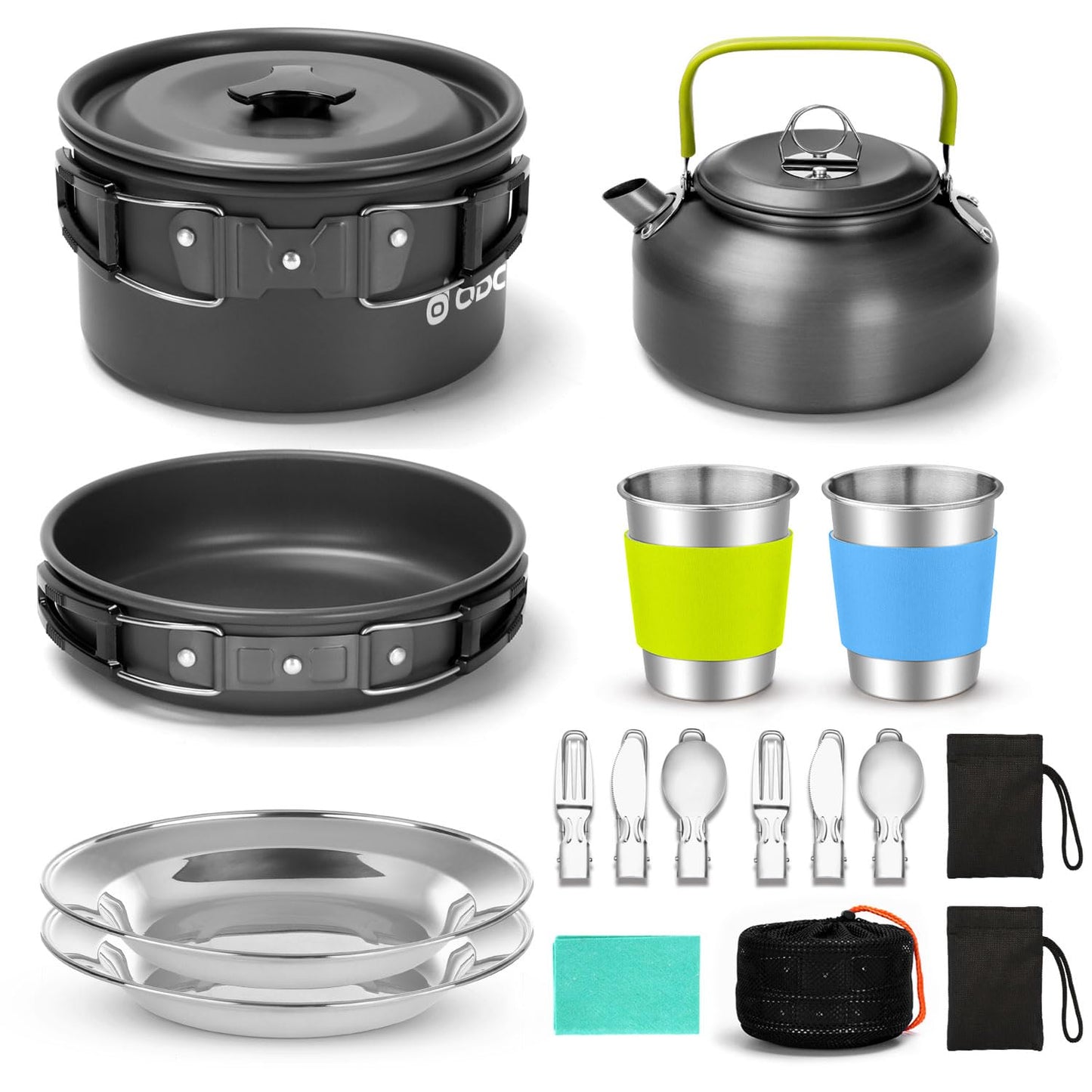 Odoland 15pcs Camping Cookware Mess Kit, Non-Stick Lightweight Pot Pan Kettle Set with Stainless Steel Cups Plates Forks Knives Spoons for Camping, Backpacking, Outdoor Cooking and Picnic