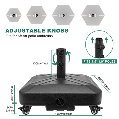 RAOKUKH DZ4733 MS Patio Umbrella Base Heavy Duty with Wheels Square Market Stand for Outdoor 4 Locks 1 Knobs 125lb Capacity, Black