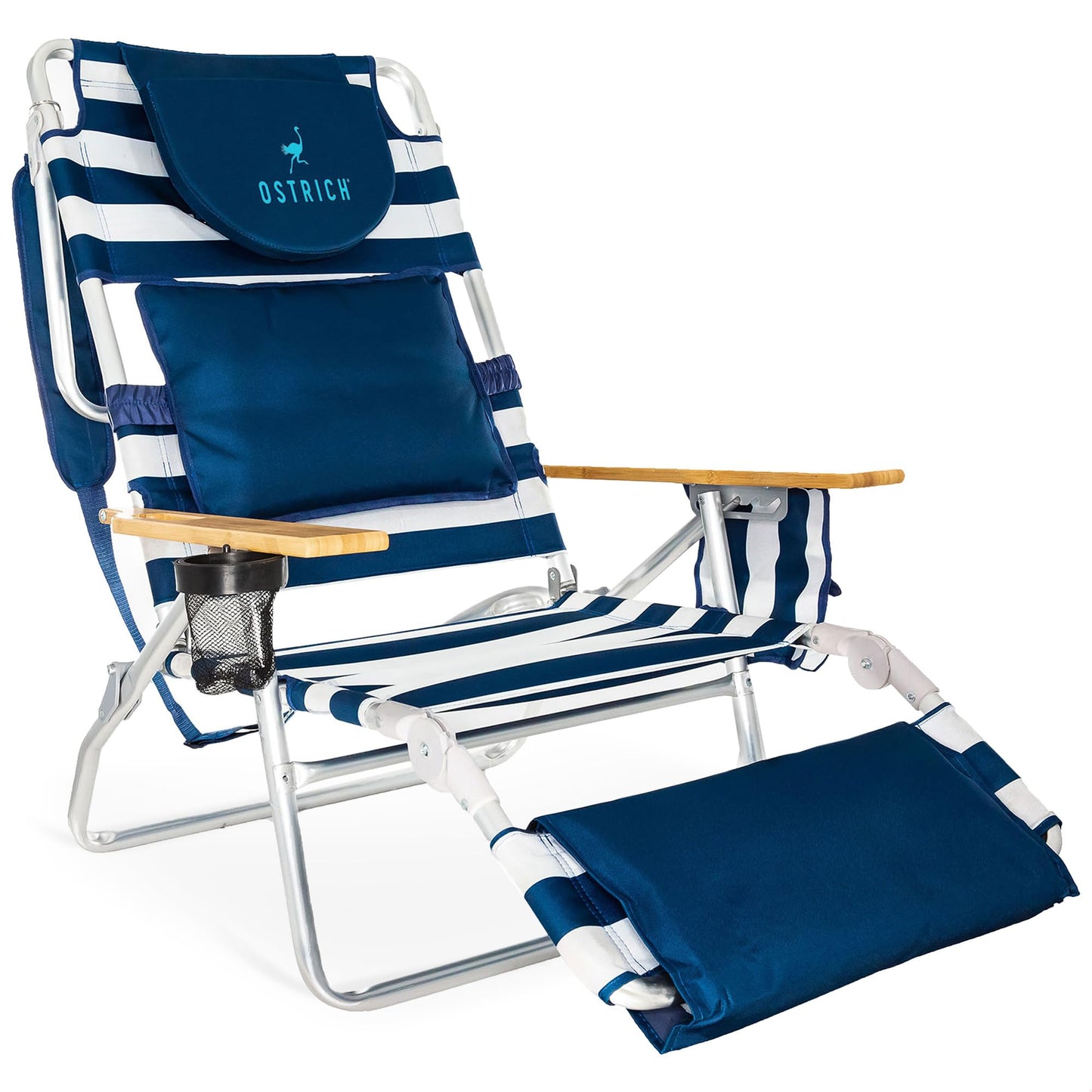 Ostrich Deluxe 3N1 Lightweight Lawn Beach Reclining Lounge Chair with Footrest, Outdoor Furniture for Patio, Balcony, Backyard, or Porch, Blue Stripe