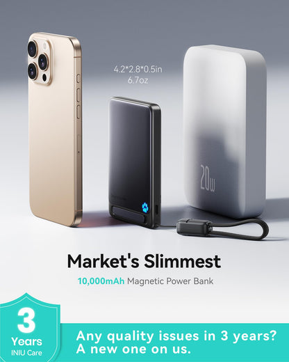 INIU for MagSafe Portable Charger, Qi2 Certified, Slimmest 45W 10000mAh Magnetic Power Bank, with USB C Cable & Stand, Fast Charging MagSafe Compatible Battery Pack for iPhone 16 15 14 13 12 Only