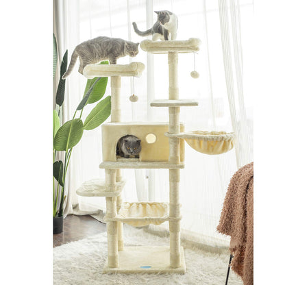 Hey-brother Cat Tree for Large Cats, Cat Tower with Scratching Posts, 2 Padded Plush Perches, Big Condo and Cozy Basket, Beige MPJ025M