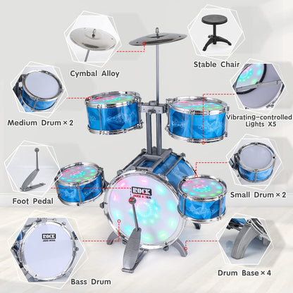 Kids Drum Set for Toddlers with 5 Jazz Drum Kit & Lights (Vibrating-Controlled) & Alloy, Musical Instruments Toys, Boys Gifts for Aged 1-3 3-5