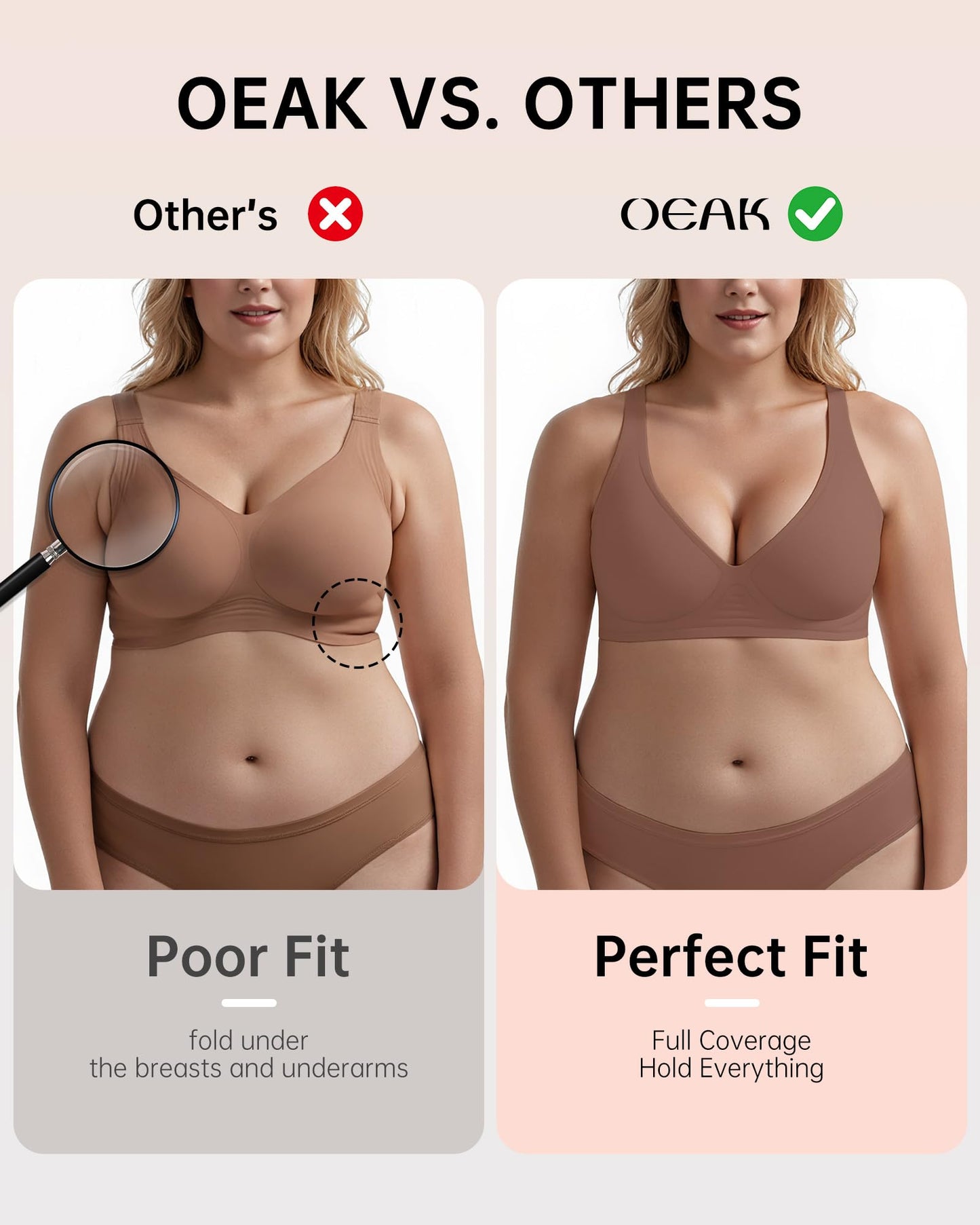 OEAK Womens Deep V Bras Wireless Comfortable Bra Supportive No Underwire Bras Tshirt Push Up Bralettes Plunge Seamless Bra Coffee X-Large